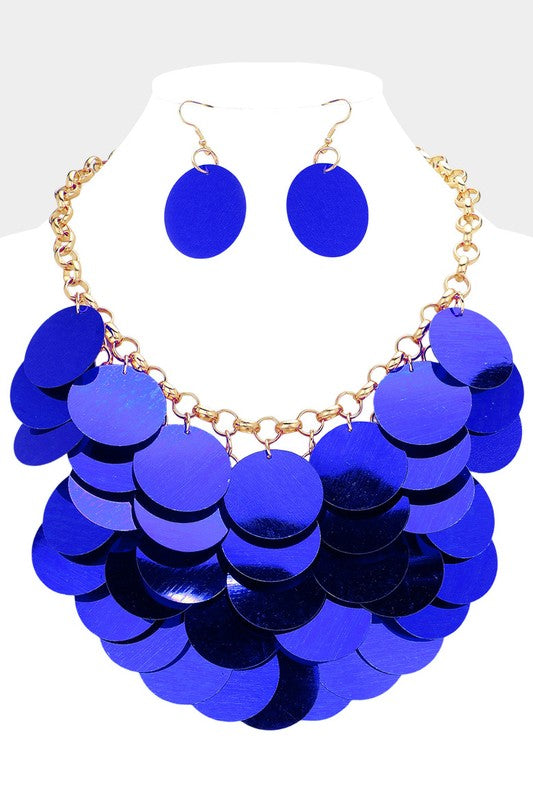 "Tasha" Sequin Disc Statement Necklace (Blue)