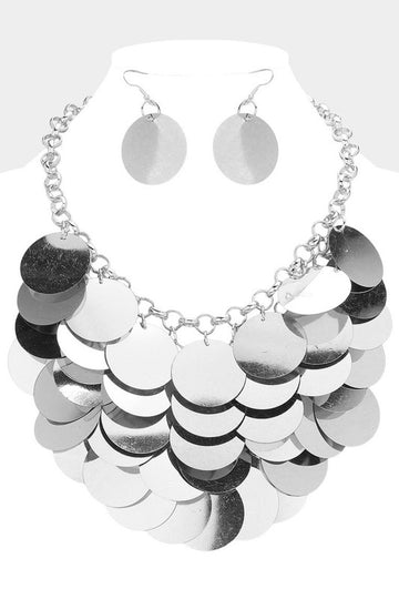 "Tasha" Sequin Disc Statement Necklace (Silver)