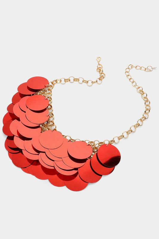 "Tasha" Sequin Disc Statement Necklace (Red)