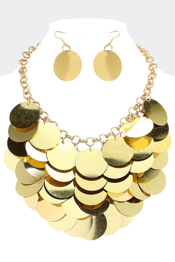 "Tasha" Sequin Disc Statement Necklace (Gold)