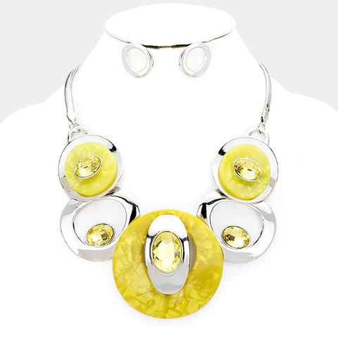 ACETATE AND CRYSTAL CIRCULAR BIB NECKLACE SET (Yellow)