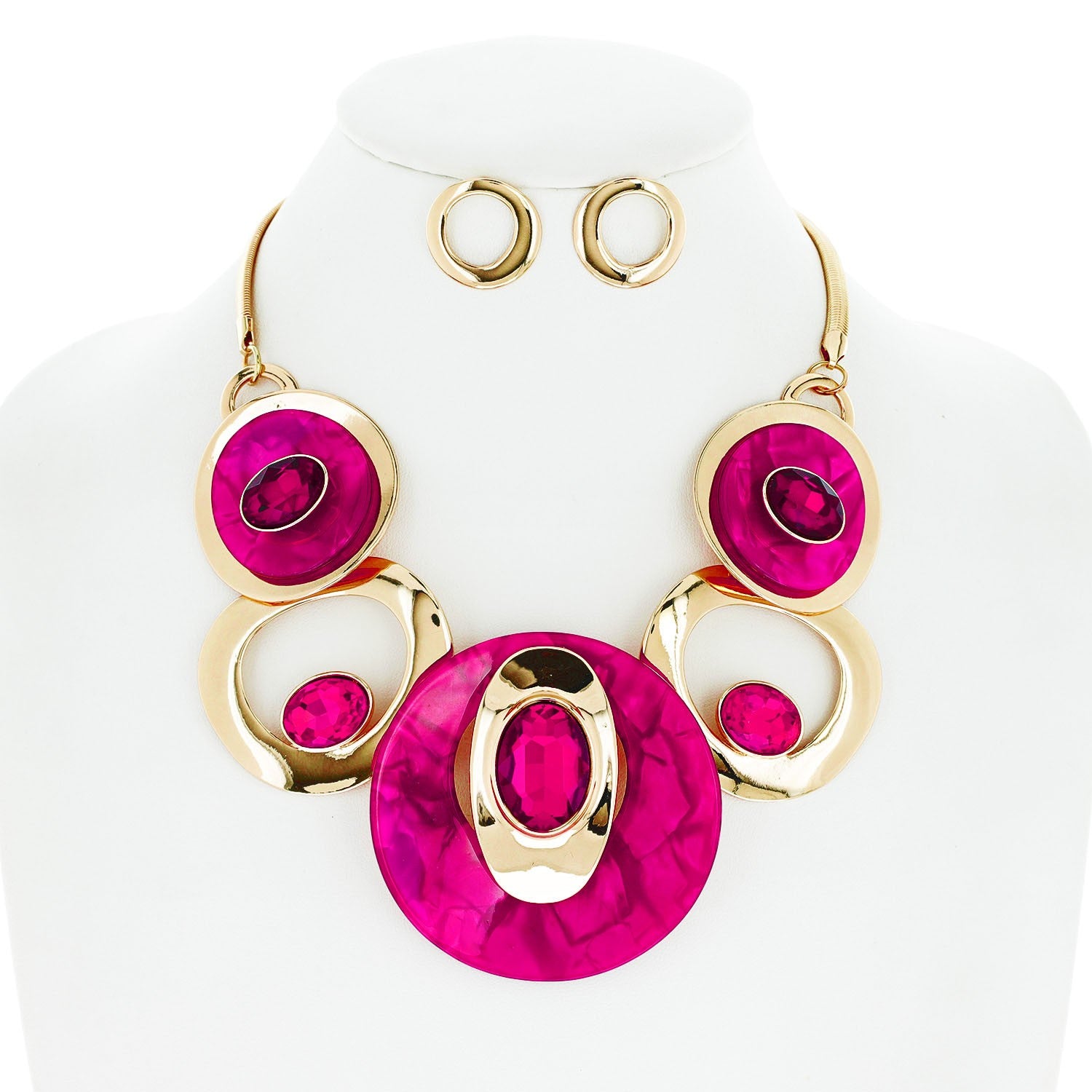 ACETATE AND CRYSTAL BIB NECKLACE SET (Pink)