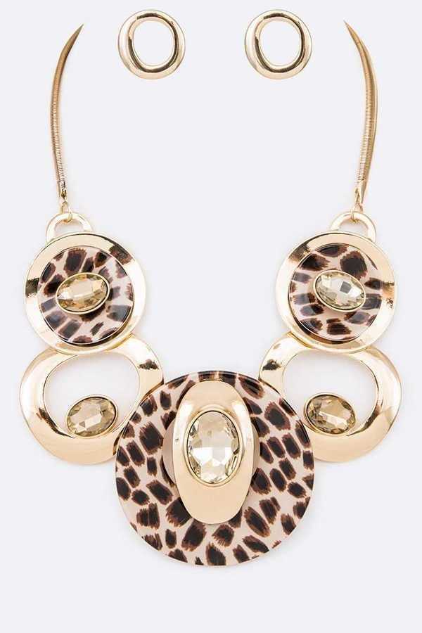 CRYSTAL HOOPS NECKLACE SET (Leopard)