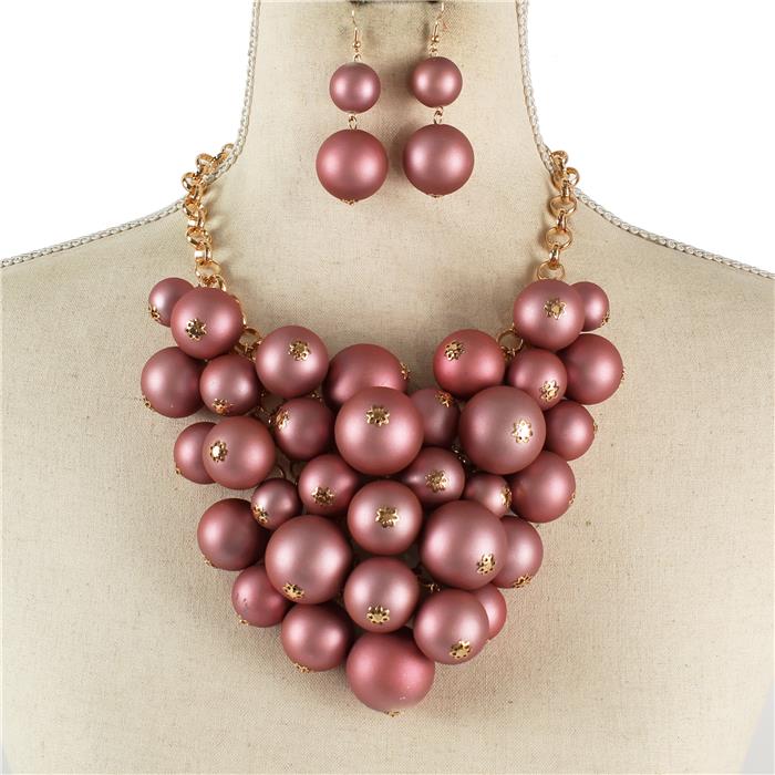 "Monica" Matte Pink Cluster Necklace Set