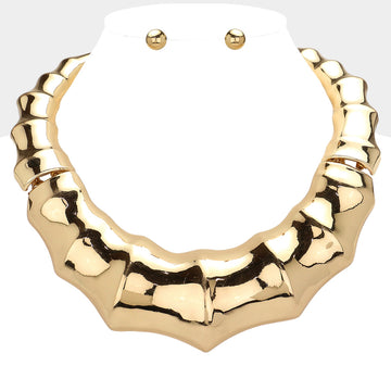 Chunky Metal Bamboo Necklace with Matching Bracelet (Gold)