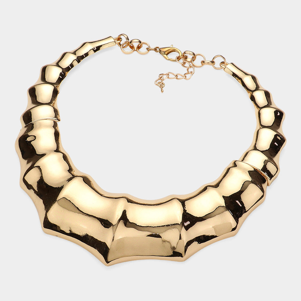 Chunky Metal Bamboo Necklace with Matching Bracelet (Gold)