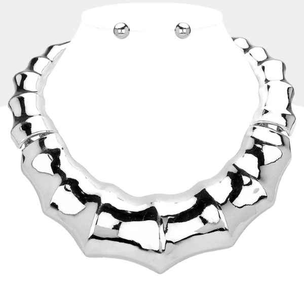 Chunky Metal Bamboo Necklace with Matching Bracelet (Silver)