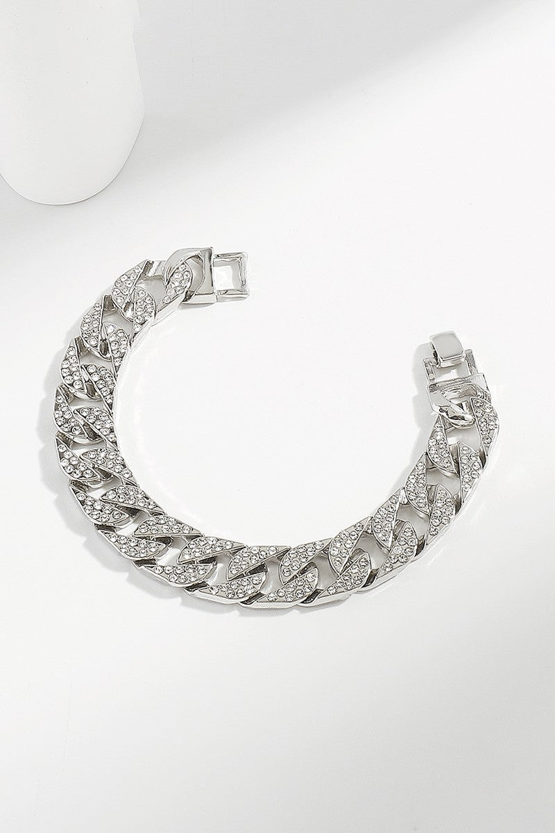 Cuban Rhinestone Chunky Chain Bracelet (Silver)