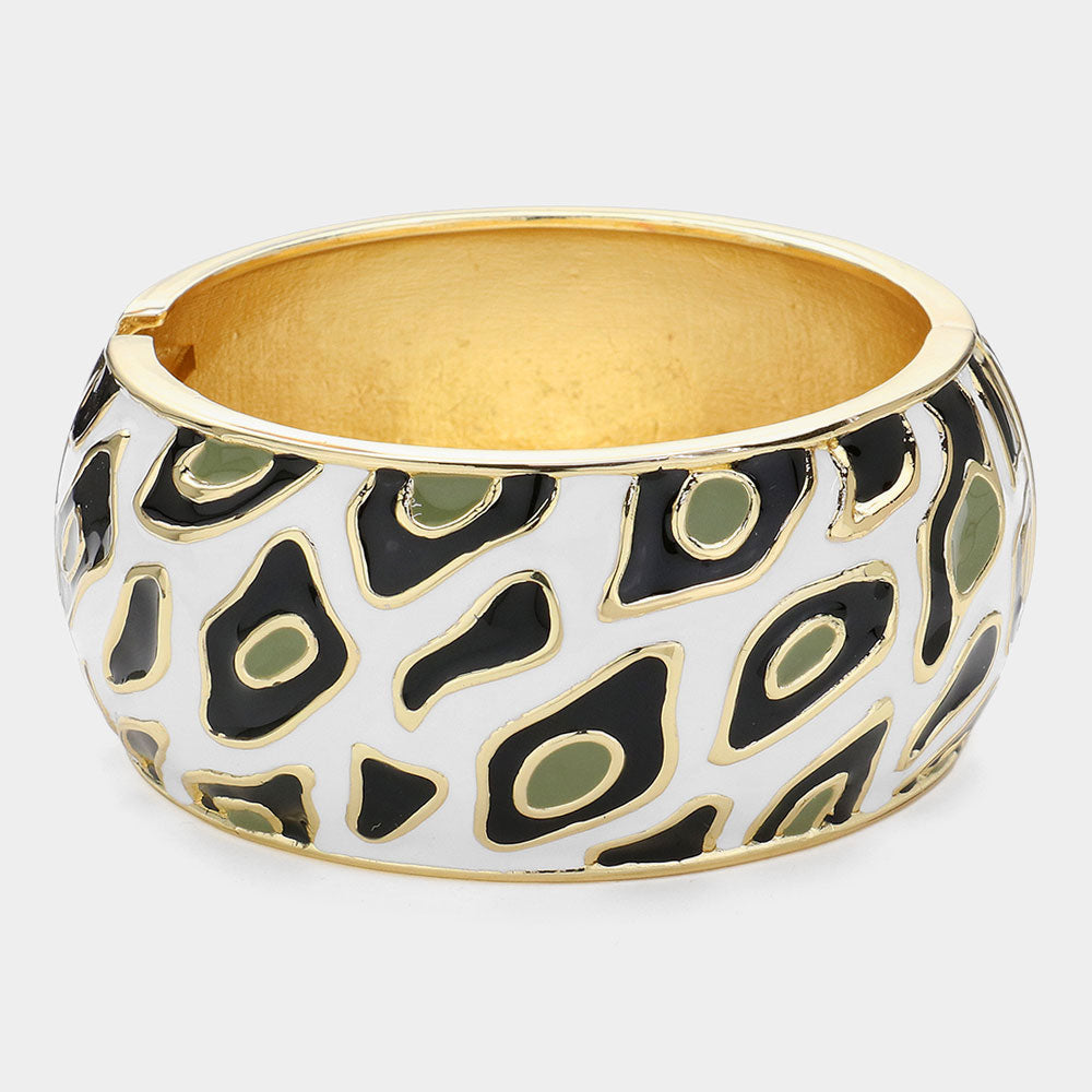 Enamel Leopard Print Hinged Bangle Bracelet (Gold)