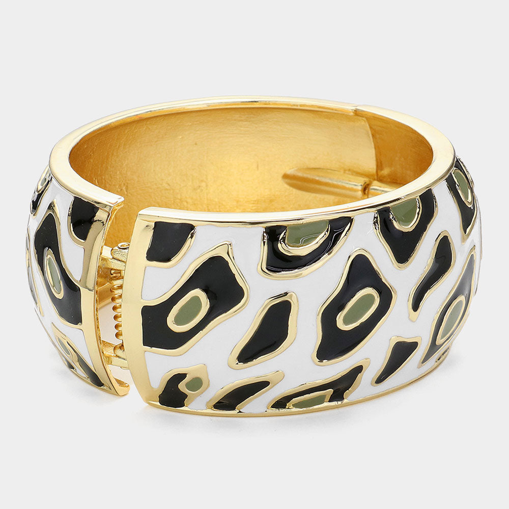 Enamel Leopard Print Hinged Bangle Bracelet (Gold)