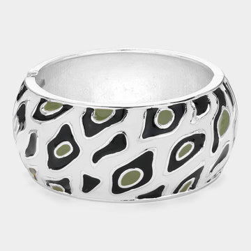 Enamel Leopard Print Hinged Bangle Bracelet (Silver)