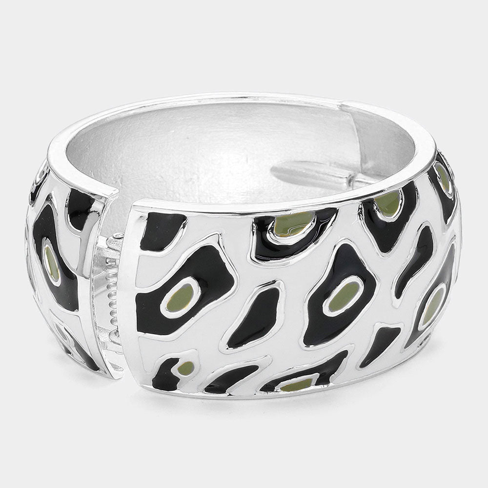 Enamel Leopard Print Hinged Bangle Bracelet (Silver)