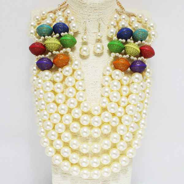 "Gina" Pearl Statement Necklace with multi-color bead accent and matching bracelet