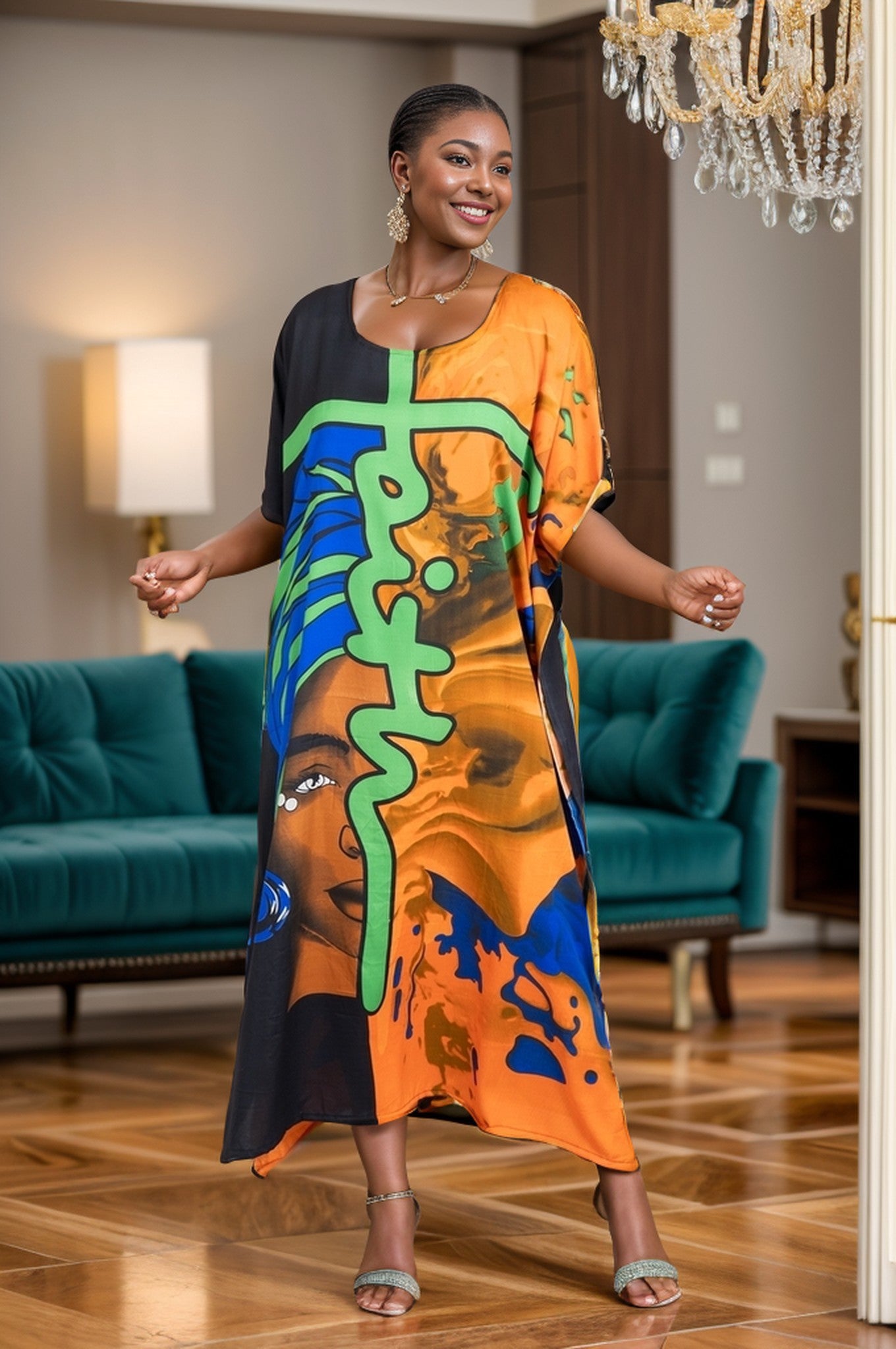 Maxi Caftan Dress Digital Print (Orange)