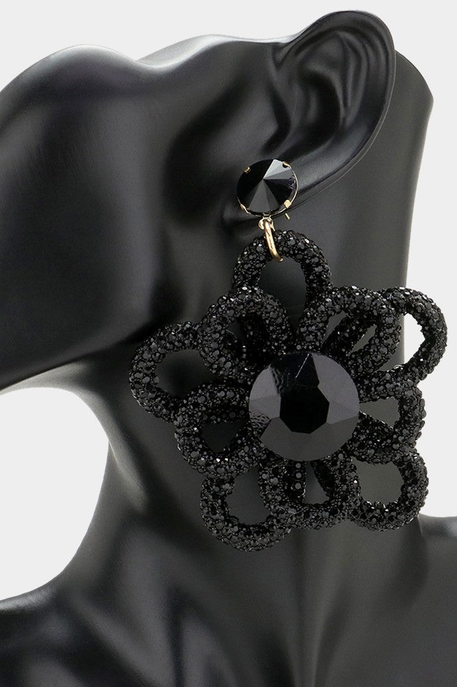 Oversized Bling Studded Flower Dangle Earrings (Black)