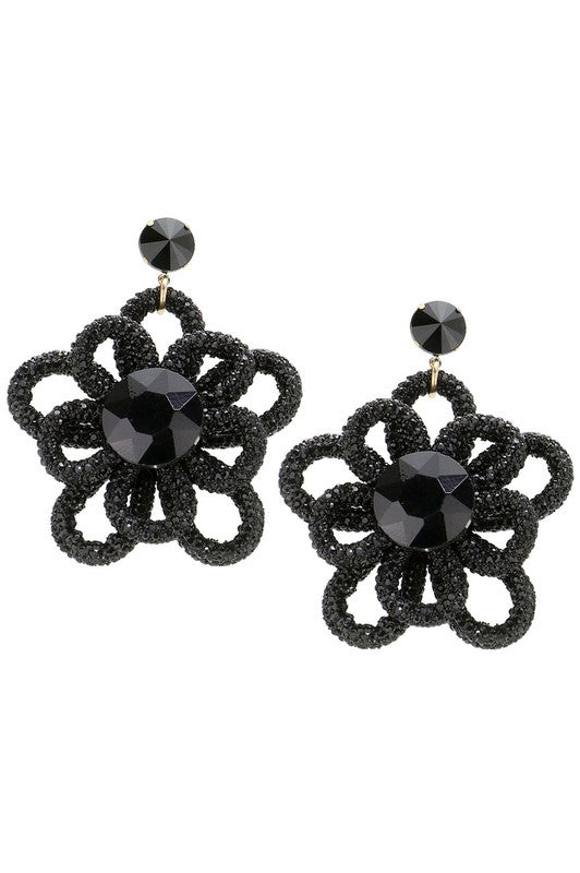 Oversized Bling Studded Flower Dangle Earrings (Black)