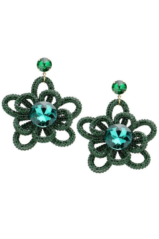 Oversized Bling Studded Flower Dangle Earrings (Green)