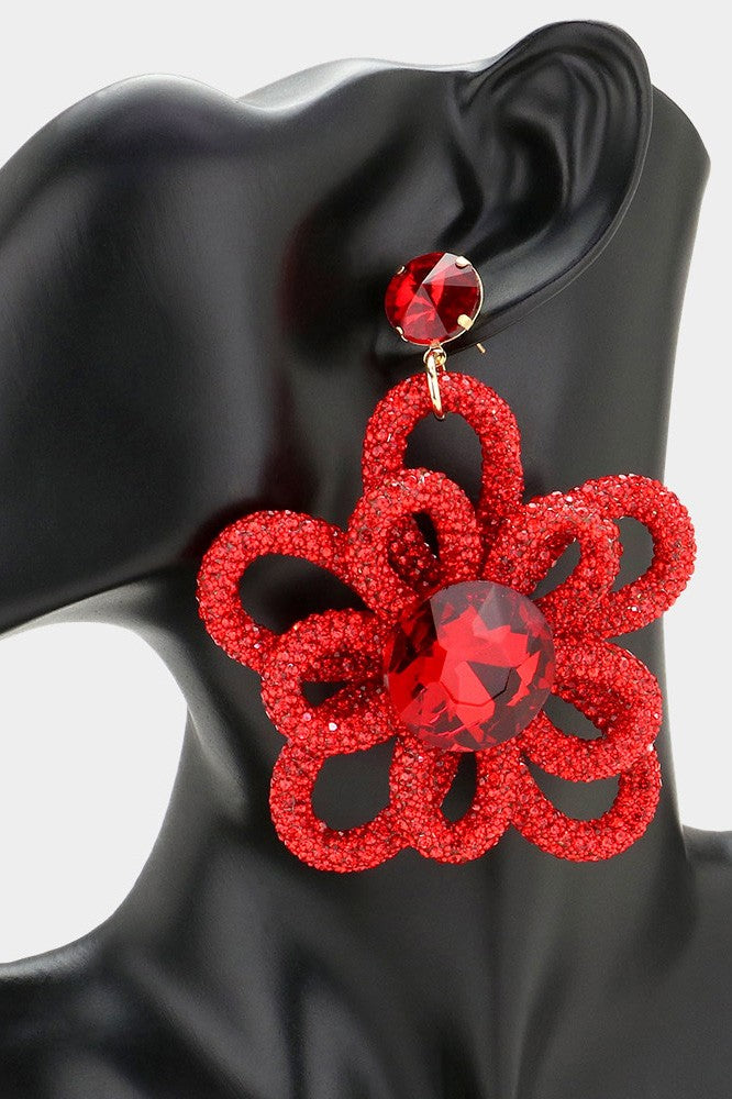 Oversized Bling Studded Flower Dangle Earrings (Red)