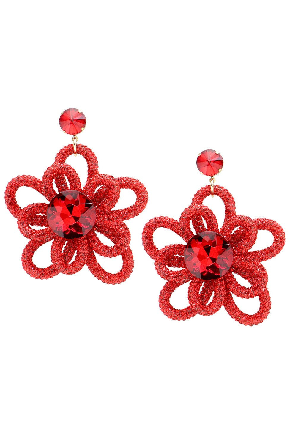 Oversized Bling Studded Flower Dangle Earrings (Red)