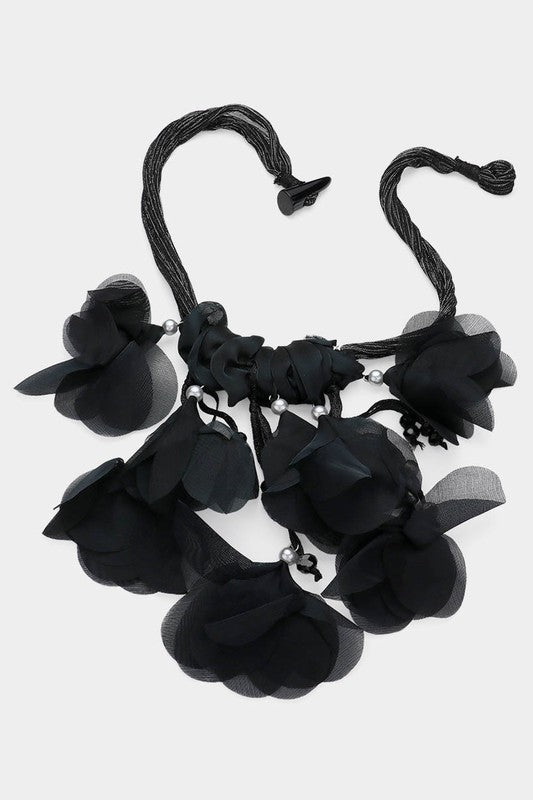 Pearl Beaded Fabric Flower Petal Necklace (Black)