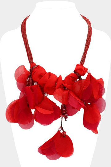 Pearl Beaded Fabric Flower Petal Necklace (Red)