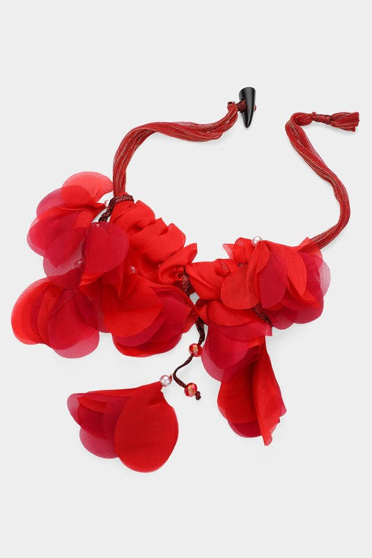 Pearl Beaded Fabric Flower Petal Necklace (Red)