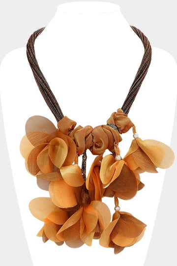 Pearl Beaded Fabric Flower Petal Necklace (Brown)