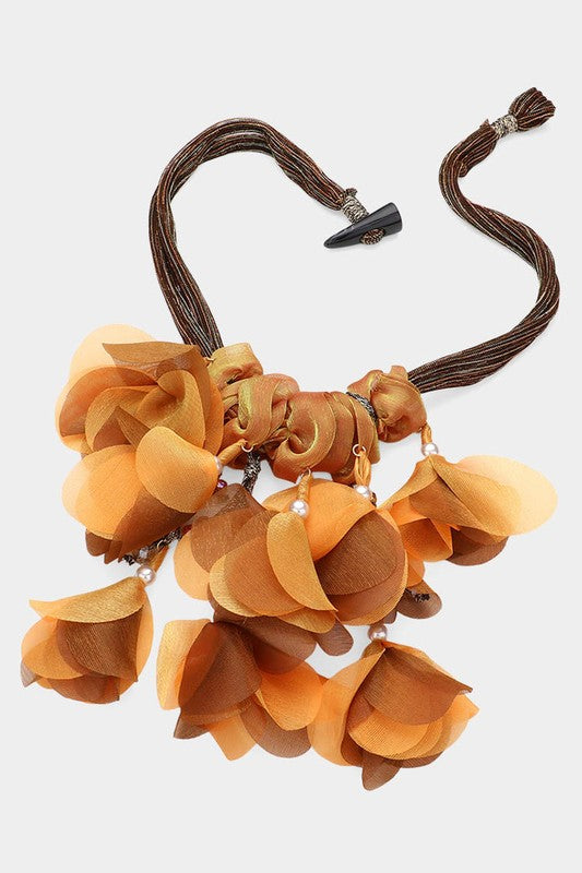 Pearl Beaded Fabric Flower Petal Necklace (Brown)