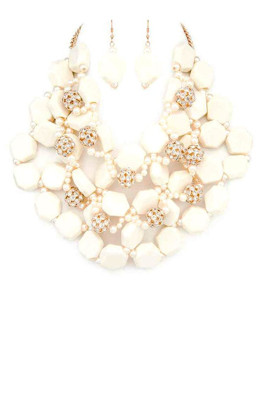 "Tia" Stone Ball Marbled Bead Cluster Statement Necklace (Cream)