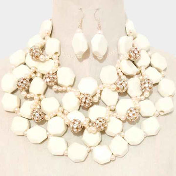 "Tia" Stone Ball Marbled Bead Cluster Statement Necklace (Cream)